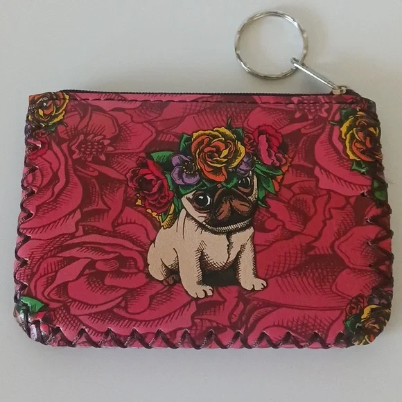 PUG w/ Flowers Printed COIN PURSE / WALLET Zipper Vegan Leather - Picture 1 of 4
